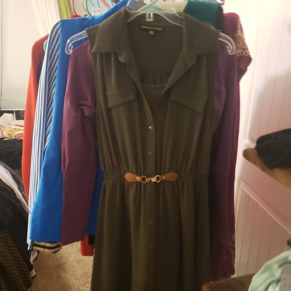 Collared Sundress Olive Green With Built in Walnut Belt Small